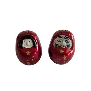 Japanese Daruma Salt & Pepper Shakers Red Ceramic "Good Luck Doll Set"